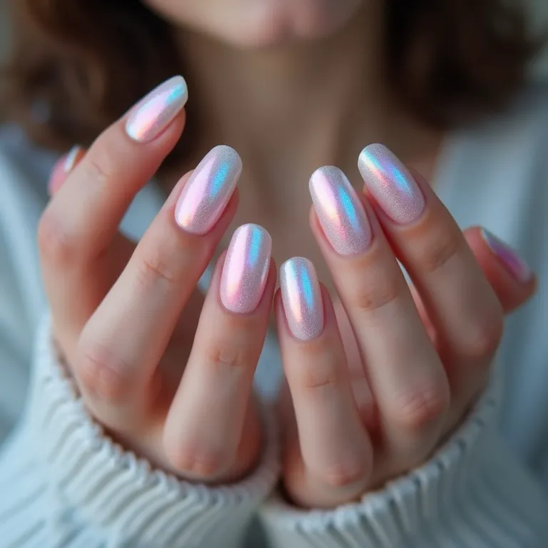 Efeito holográfico sutil em unhas de gel.