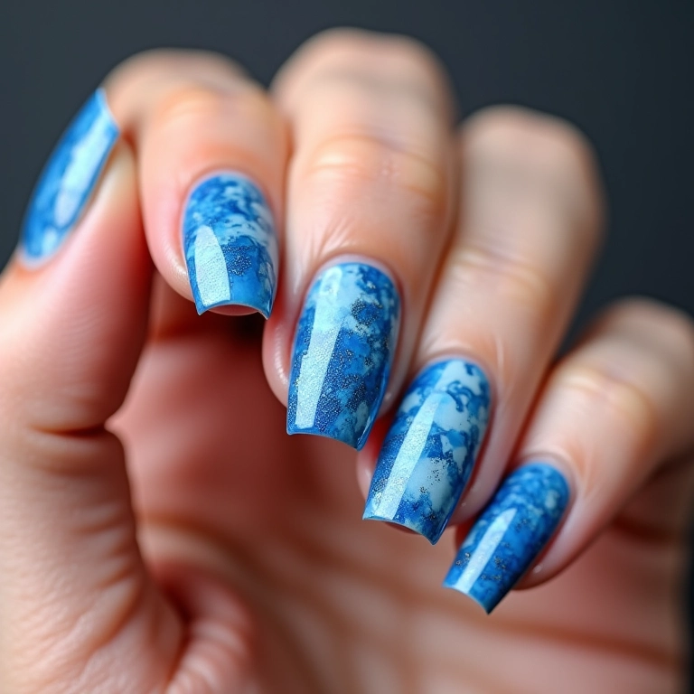 Efeito marmorizado com glitter azul em unhas artísticas.
