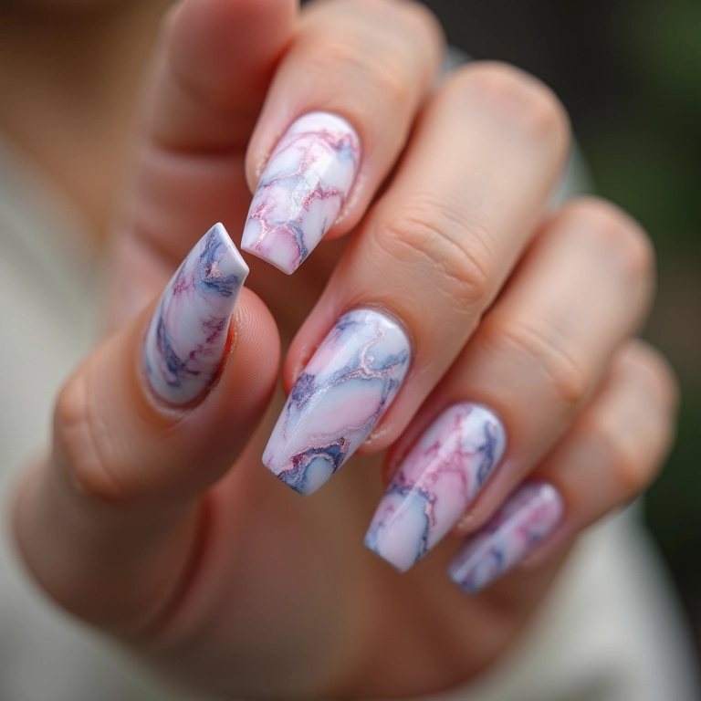 Efeito marmorizado elegante em unhas quadradas curtas.