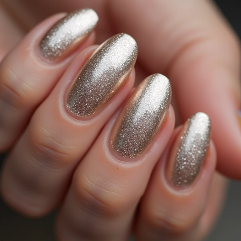 Efeito metalizado em unhas com brilho e textura.