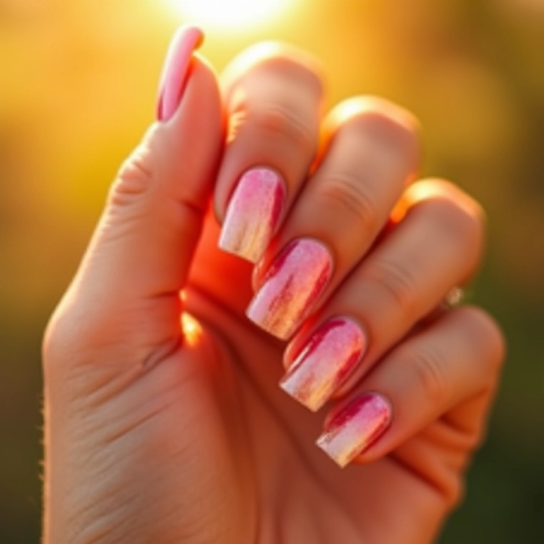 Efeito ombré em unhas quadradas curtas.