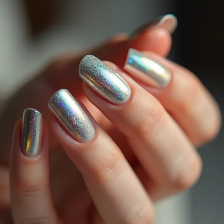 Efeitos metalizados e holográficos em unhas.