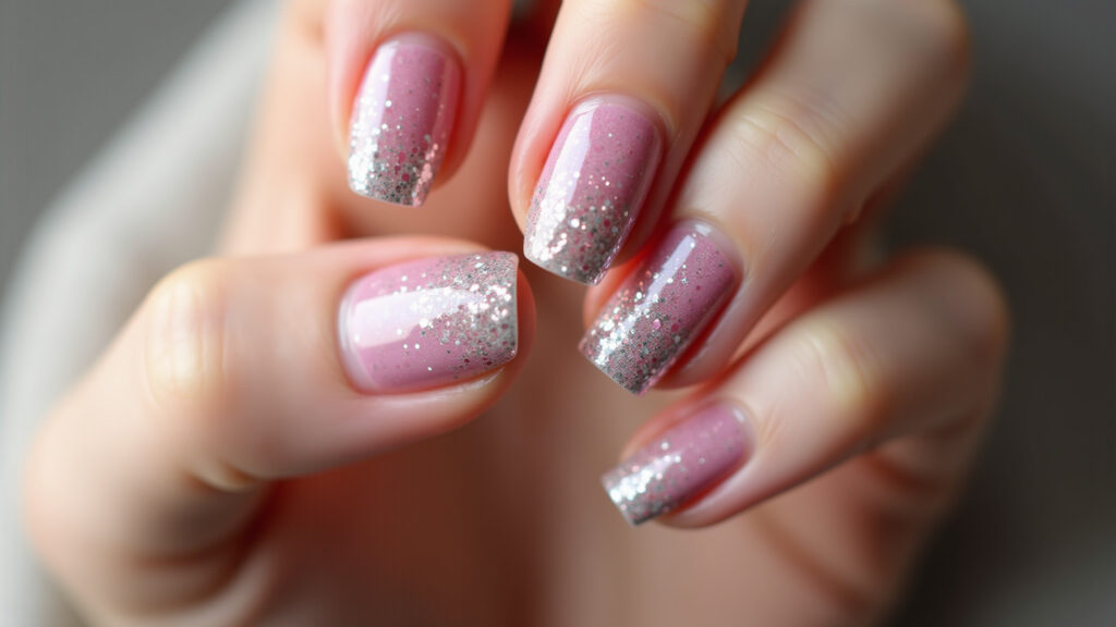 Elegant Barbie accent nail with glitter, subtle and stylish, professional photography, 8K quality, Unhas Barbie com filha única elegante.