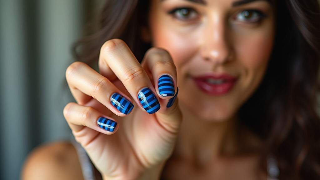Elegant woman showing off Grêmio-themed nail art: classic blue and black stripes. Natural Unhas com listras azul e preto, cores do Grêmio.