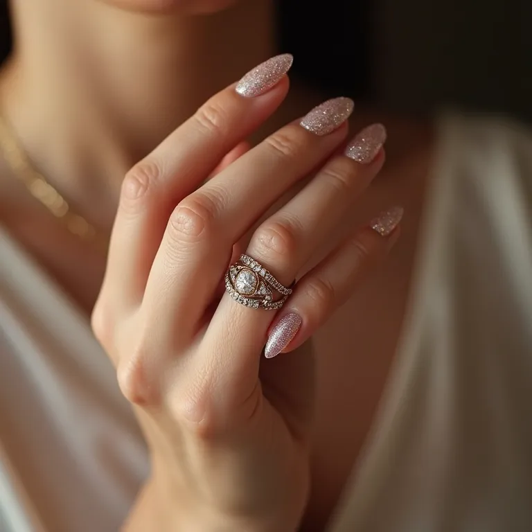 Elegante unha decorada com glitter fino e discreto.