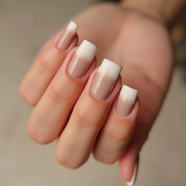 Esfumado sutil em cores neutras em unhas quadradas.