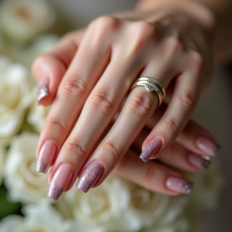 Esmaltação delicada com glitter nas unhas de noiva, conferindo um brilho sutil.
