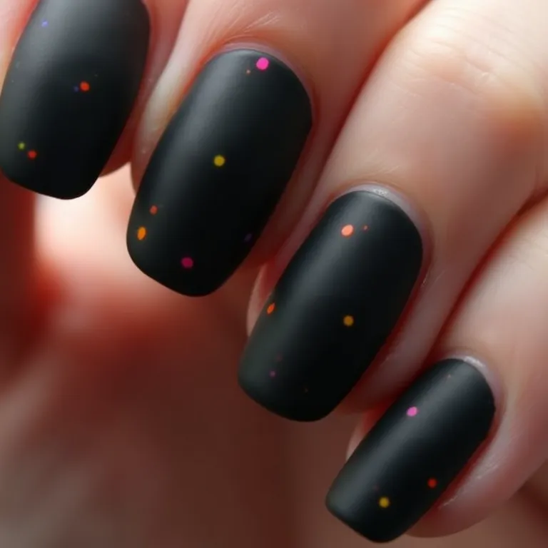 Esmaltação preto fosco com detalhes em neon nas unhas Mandrake.