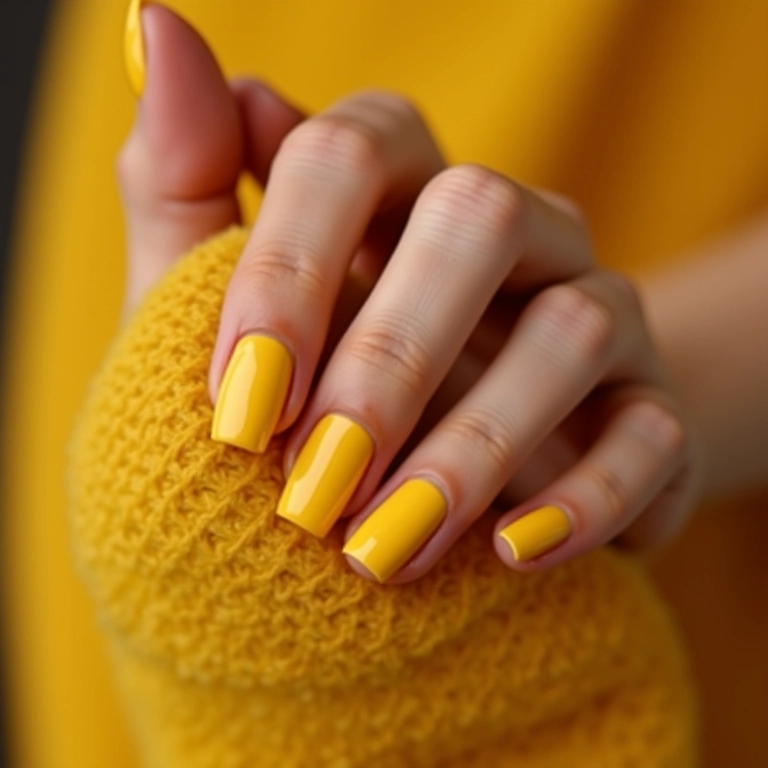 Esmalte amarelo mostarda elegante em mãos.