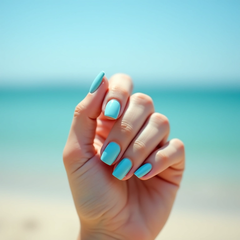 Esmalte azul celeste suave em unhas bem cuidadas.