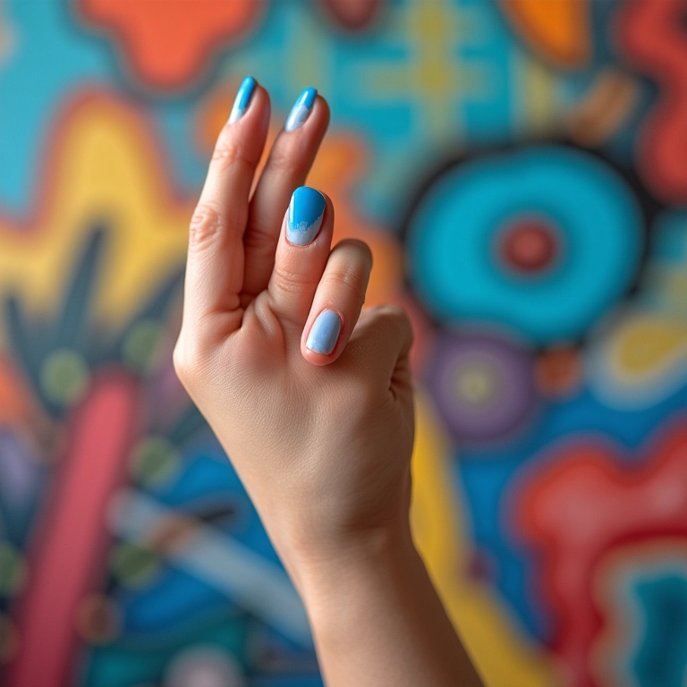 Esmalte azul em parede de arte colorida.