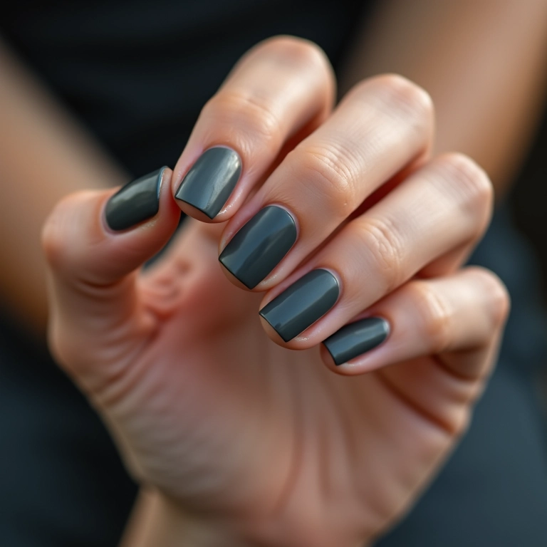 Esmalte cinza grafite moderno em mãos femininas.