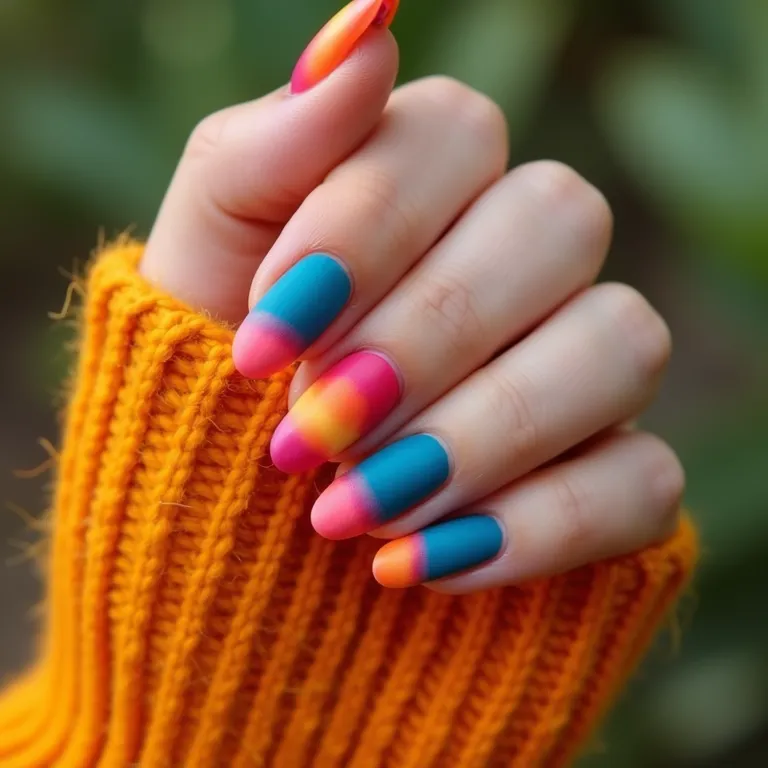 Esmalte colorido com acabamento fosco em unhas curtas.