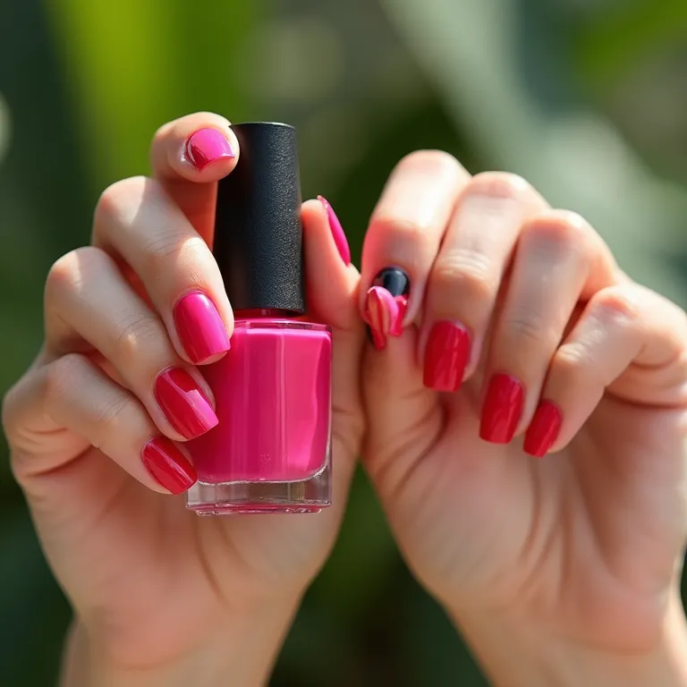 Esmalte colorido em unhas de gel.