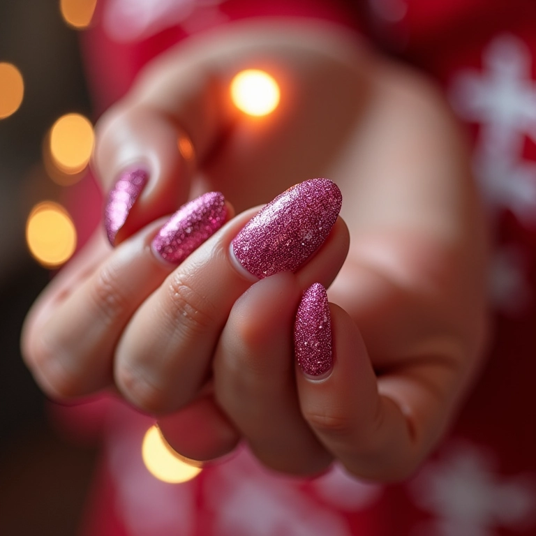 Esmalte com glitter em unhas curtas, brilho e festa.