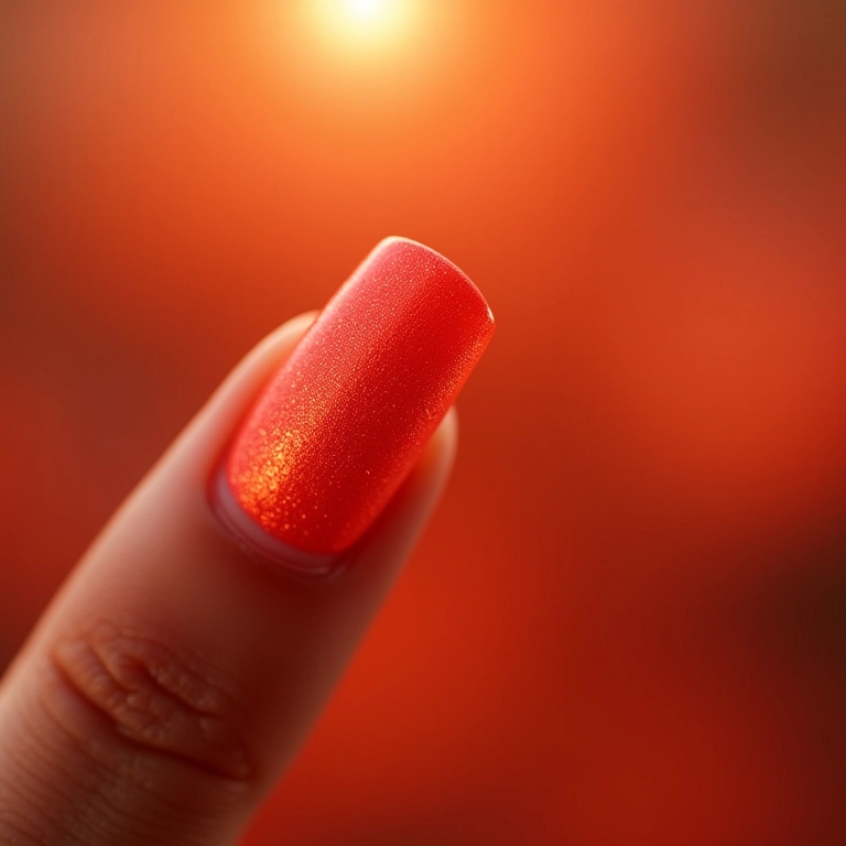 Esmalte coral cintilante refletindo a luz do sol.