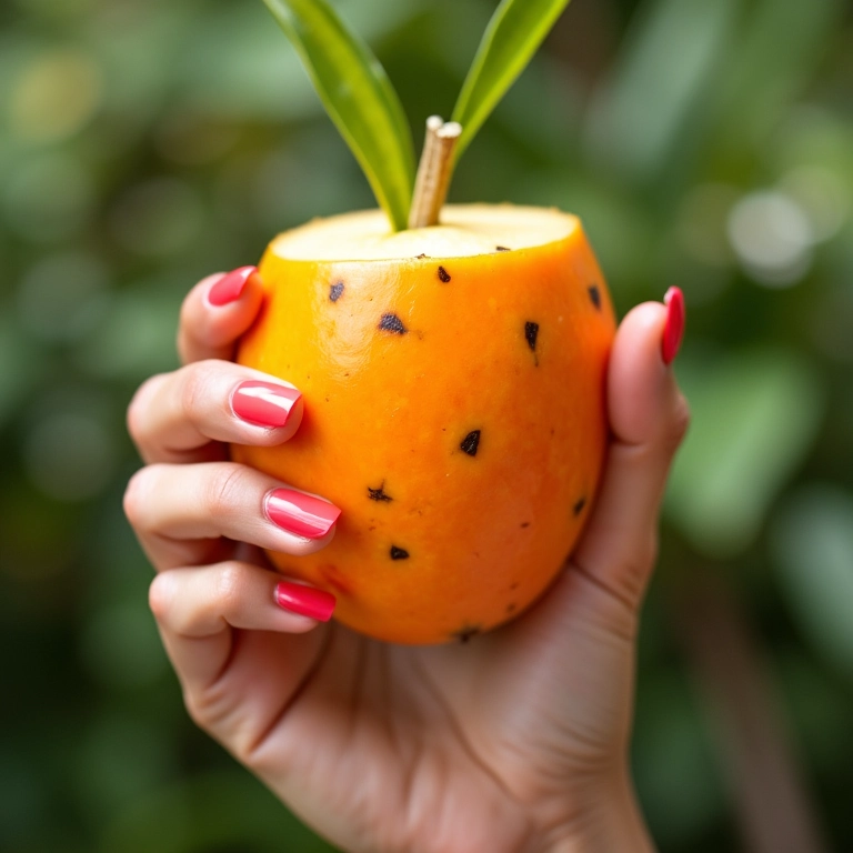 Esmalte coral com fruta tropical.