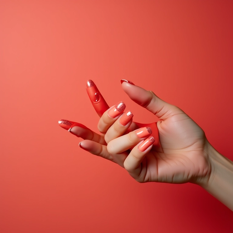 Esmalte coral com glitter em fundo festivo.