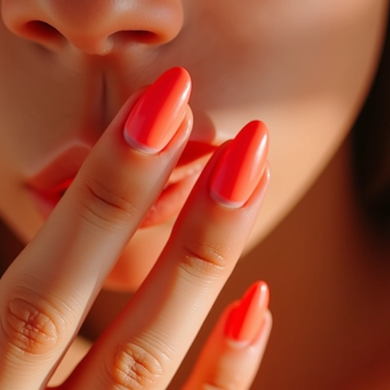 Esmalte coral em pele clara sob a luz do sol.