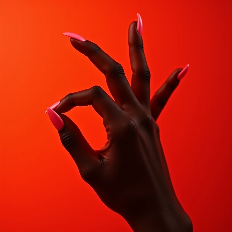 Esmalte coral em pele negra com fundo quente.