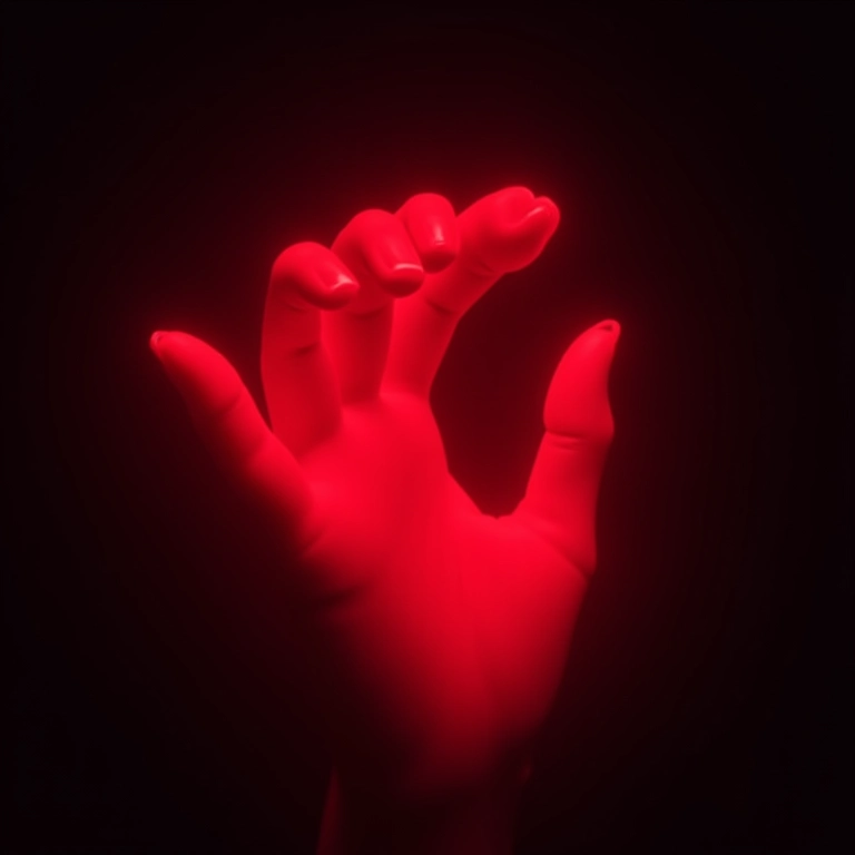 Esmalte coral neon brilhando em fundo escuro.