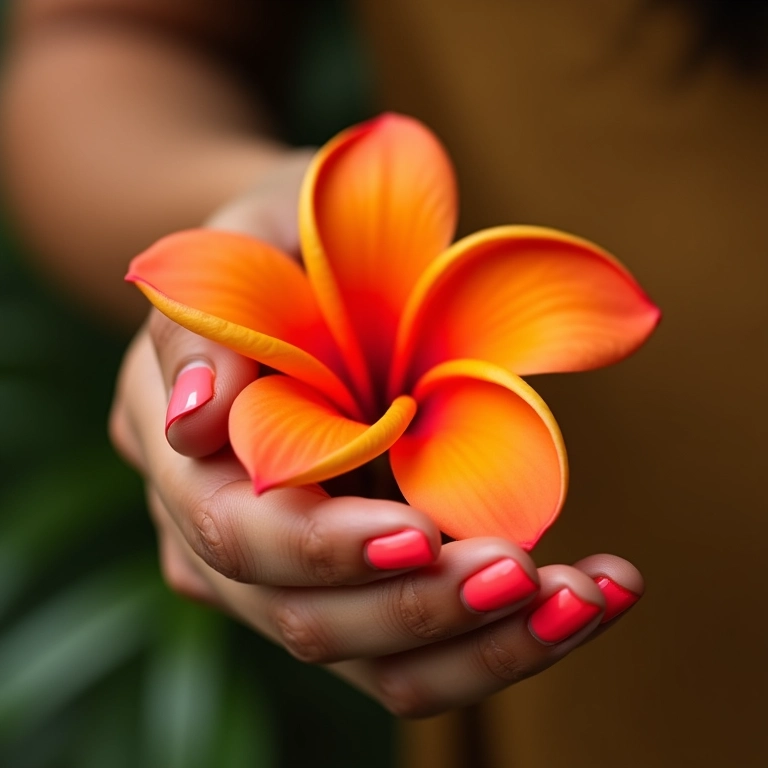 Esmalte coral vibrante em unhas femininas segurando flor tropical.
