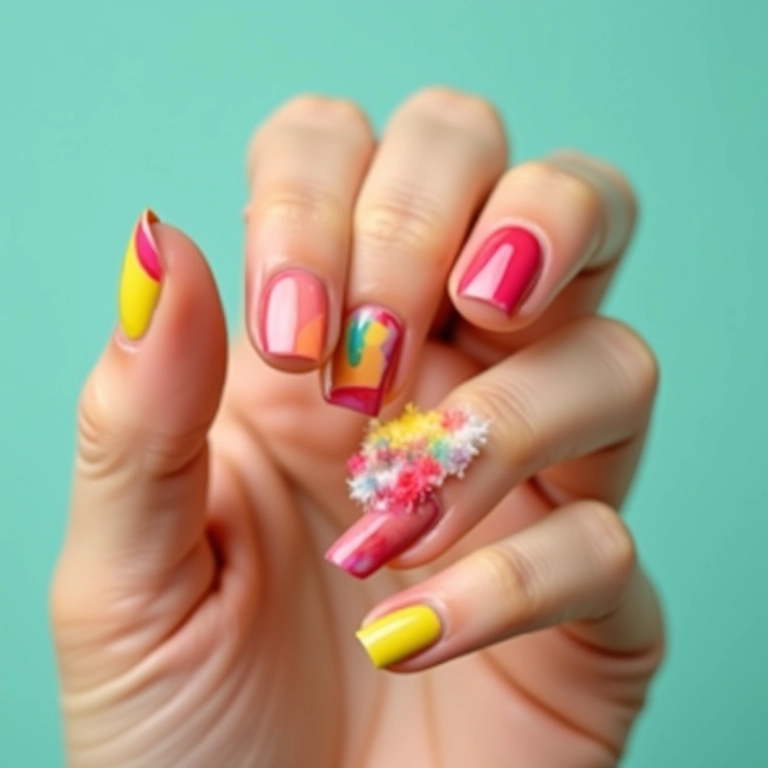 Esmalte em cores vibrantes em unhas curtas, alegria e ousadia.