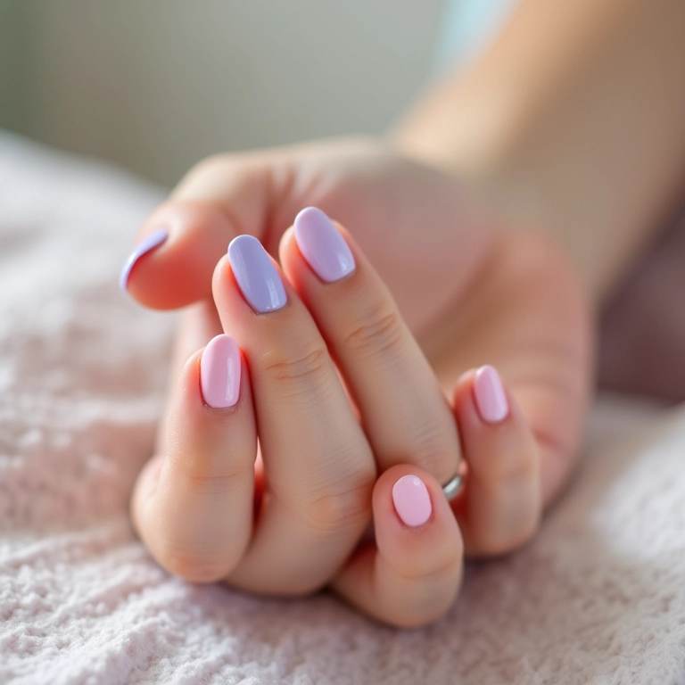 Esmalte em tons pastel em unhas curtas, delicadeza e romantismo.