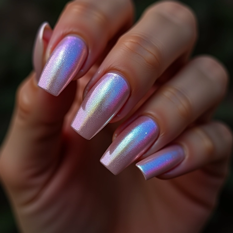 Esmalte holográfico em unhas quadradas curtas.