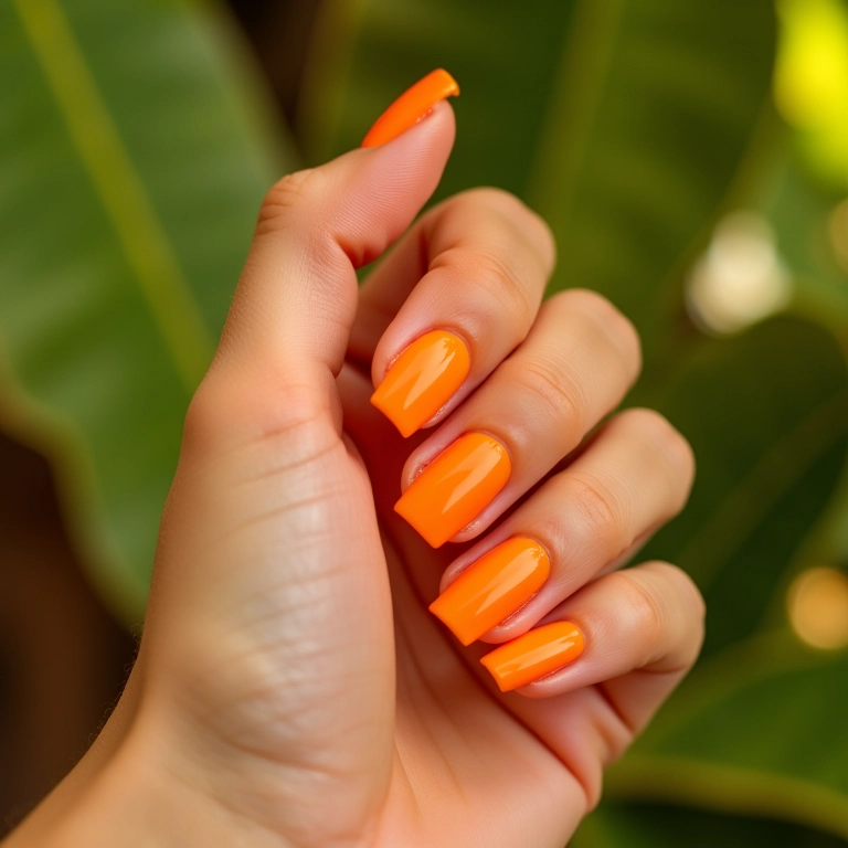Esmalte laranja tangerina energizante em unhas.