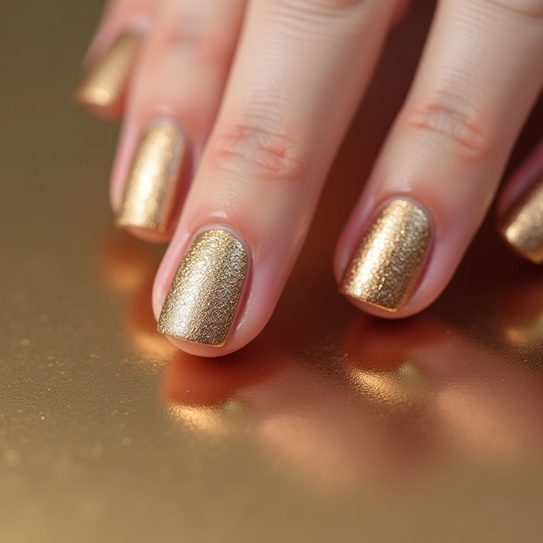 Esmalte metálico em unhas curtas, brilho e modernidade.