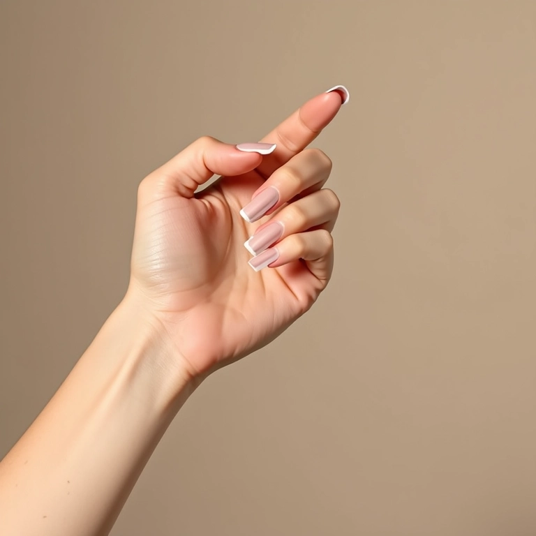 Esmalte nude claro em unhas curtas.
