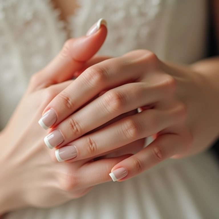 Esmalte nude clássico e elegante nas unhas de noiva, discreto e sofisticado.