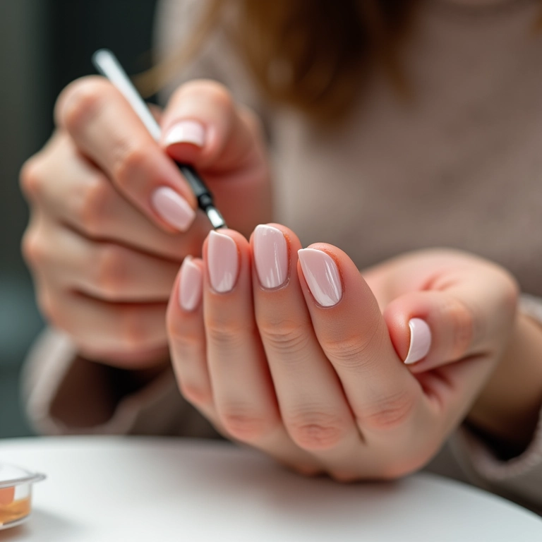 Esmalte nude com efeito gel.