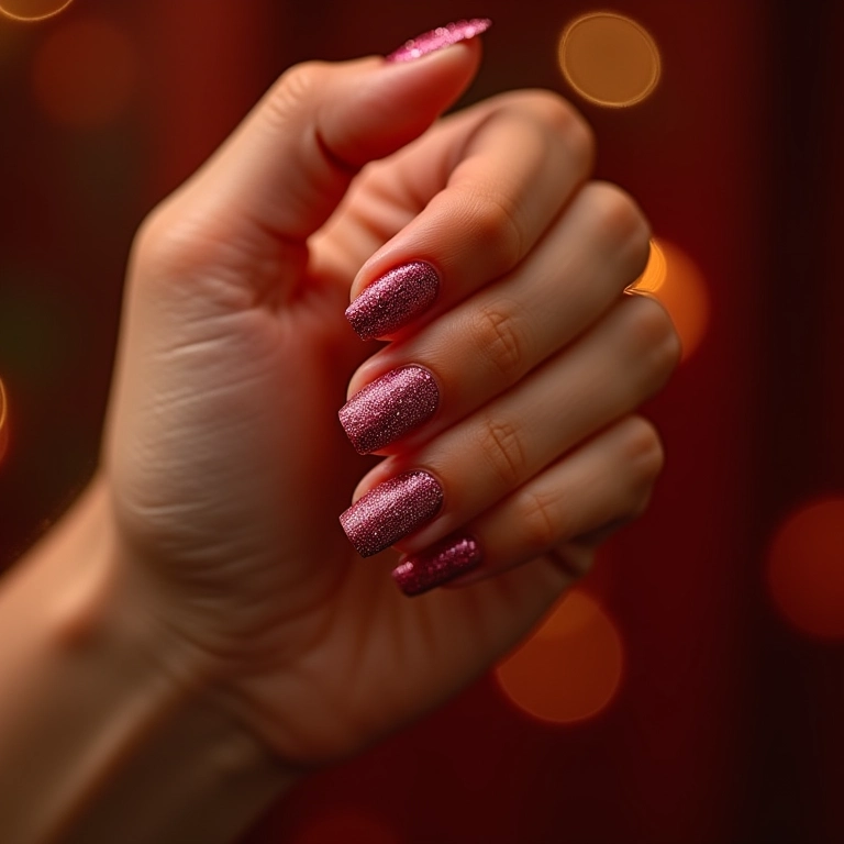 Esmalte nude com glitter.