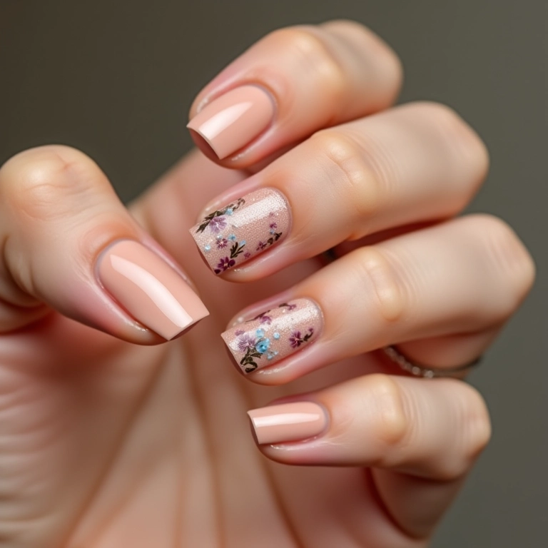 Esmalte nude e nail art floral.
