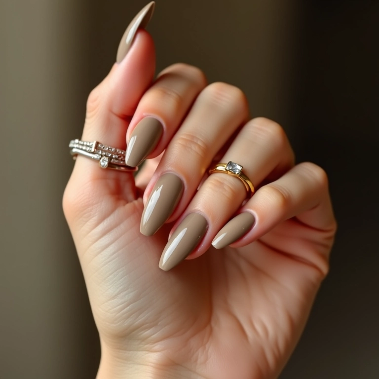 Esmalte nude quente em unhas longas.