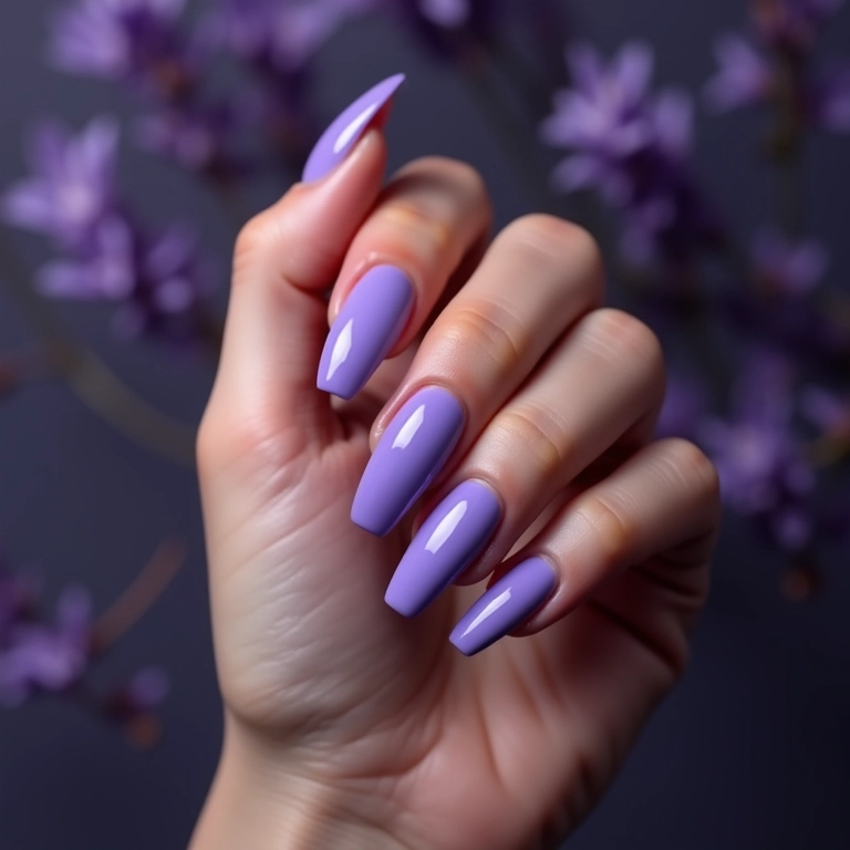 Esmalte roxo lavanda misterioso em unhas.