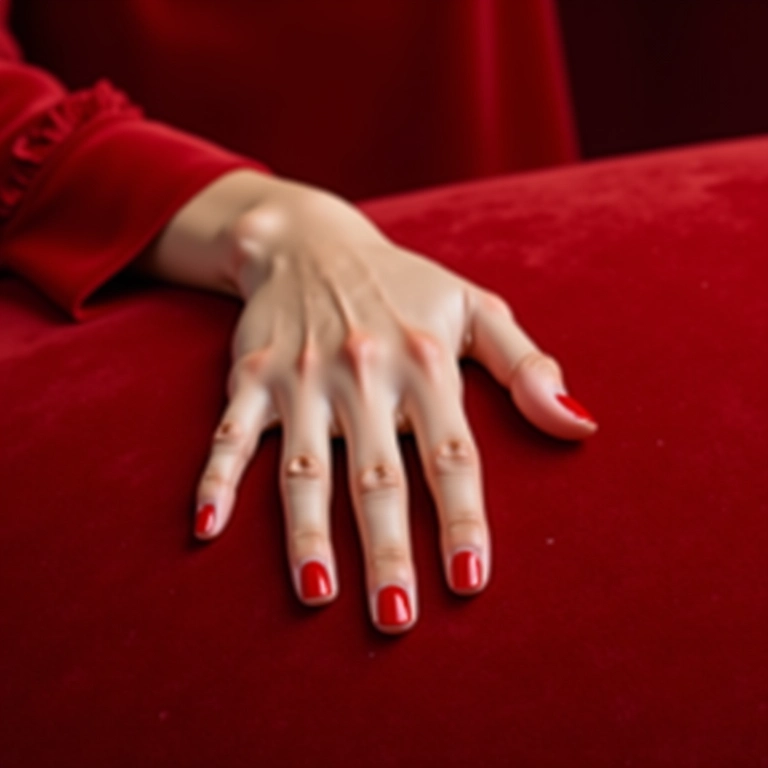 Esmalte vermelho clássico em unhas curtas, toque de glamour.