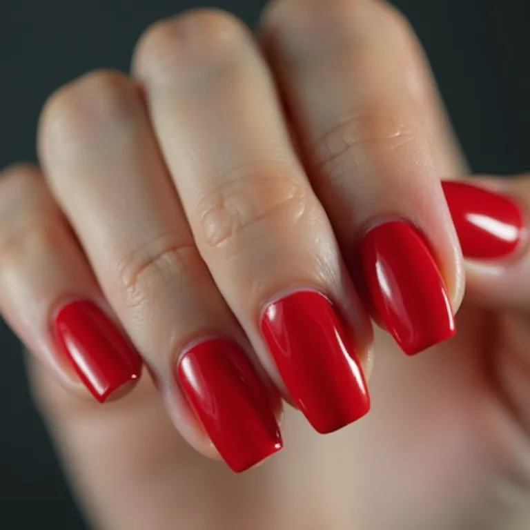 Esmalte vermelho descascado nas unhas.