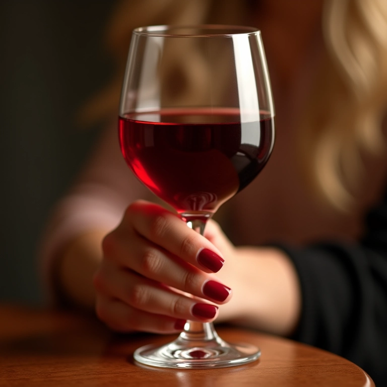 Esmalte vinho com taça de vinho tinto.