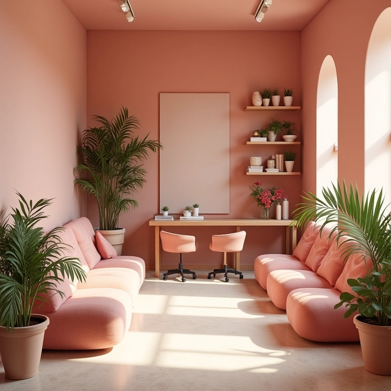 Esmalteria com paleta de cores aconchegantes em tons de rosa e madeira clara.