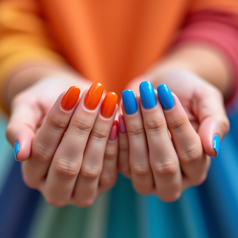 Esmaltes complementares laranja e azul.