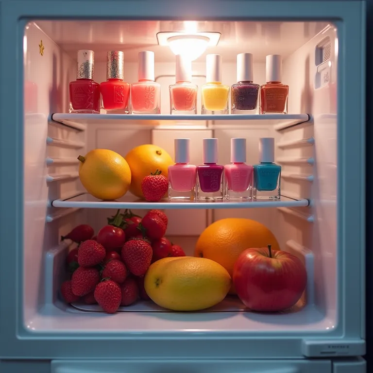 Esmaltes e frutas na geladeira para secagem turbo.