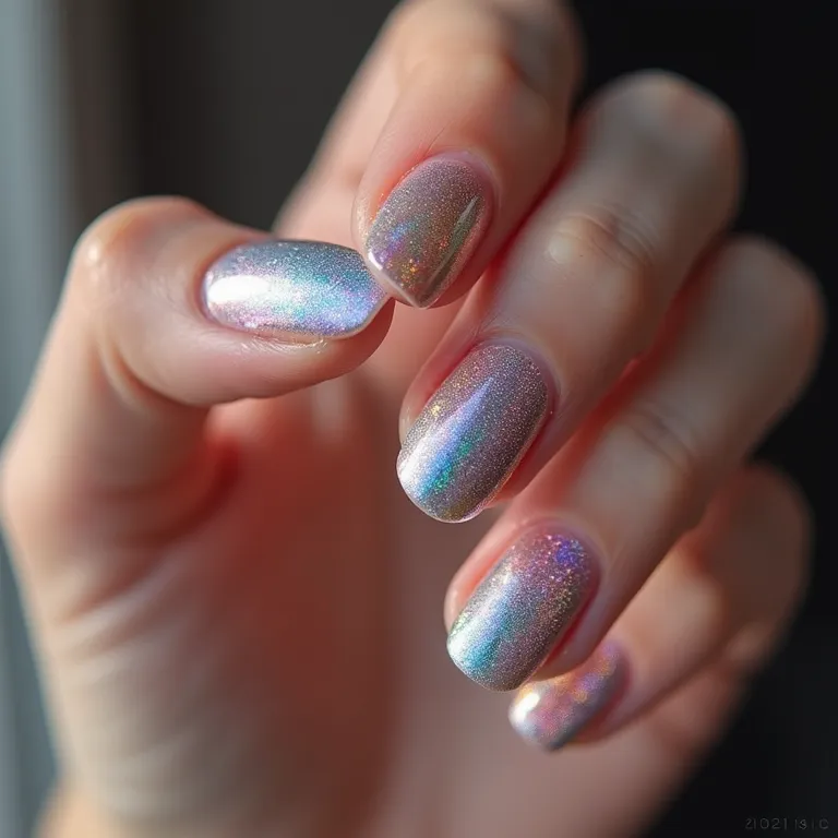 Esmaltes holográficos com efeito futurista e cores vibrantes.