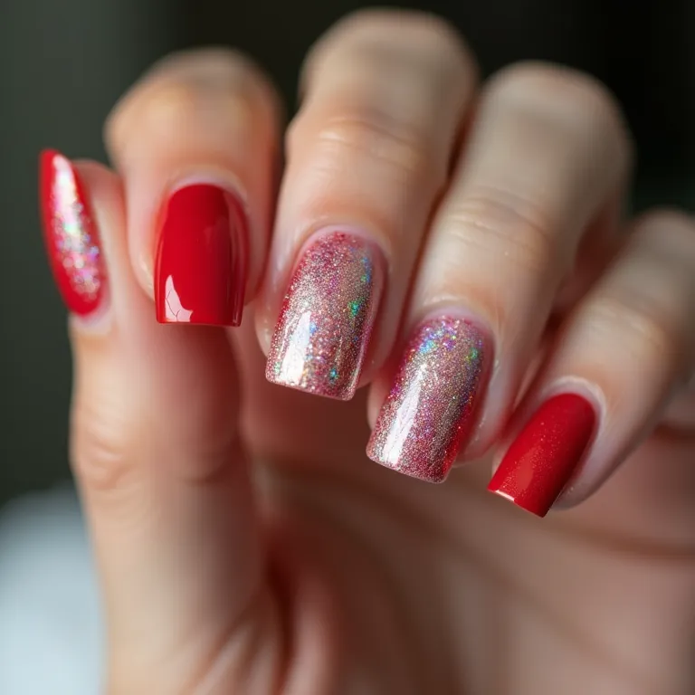 Esmaltes holográficos vermelhos e brancos nas unhas.