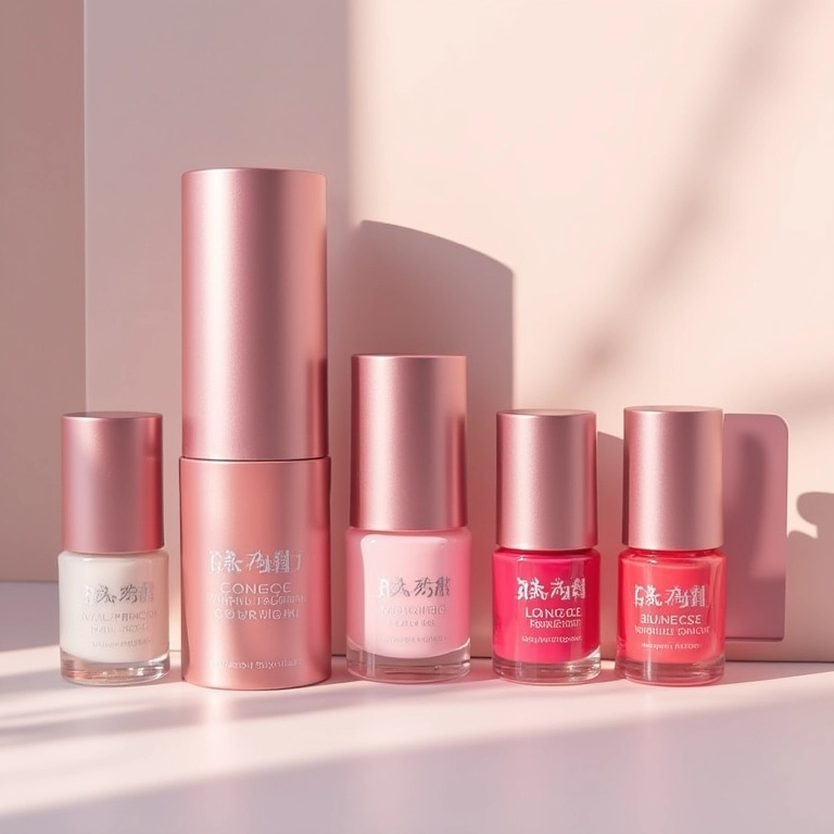 Esmaltes importados de longa duração com embalagens elegantes em fundo minimalista.
