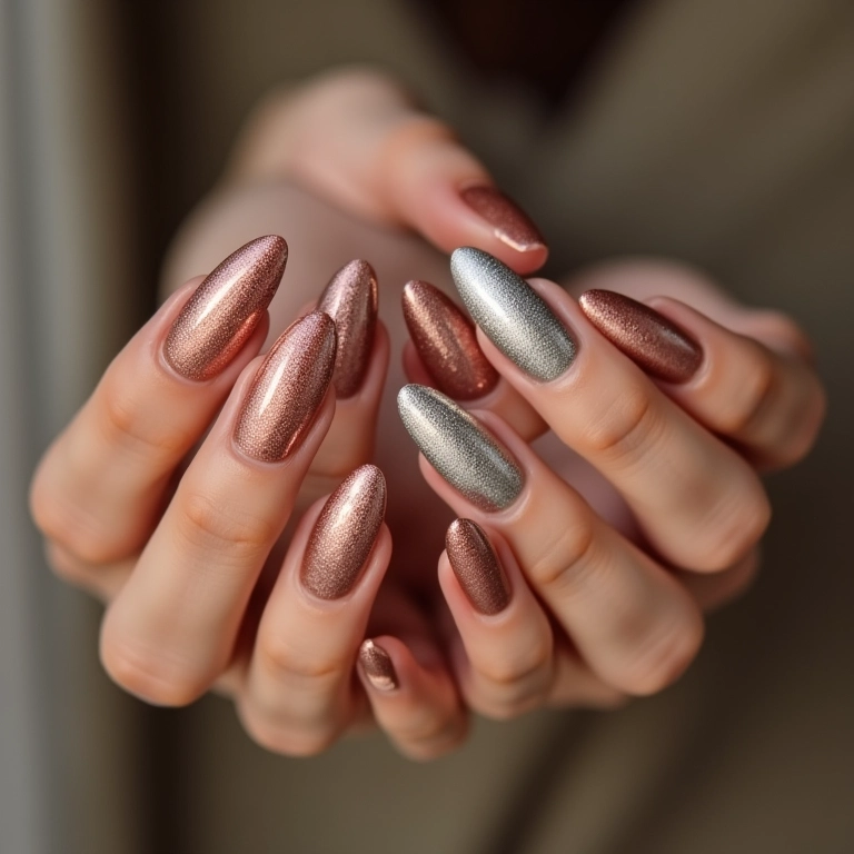 Esmaltes metálicos em tons de ouro rosa, prata e bronze.
