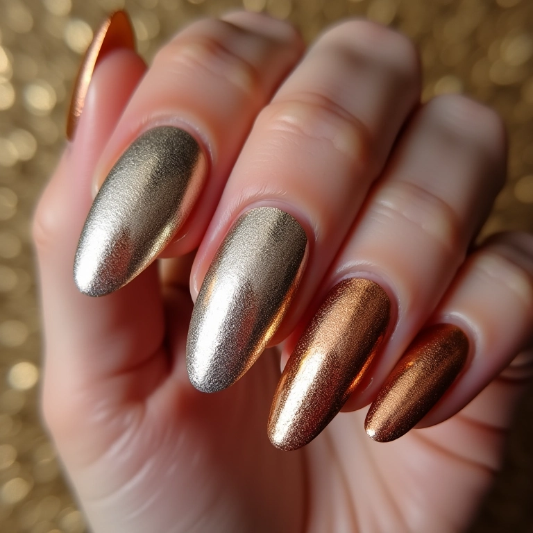 Esmaltes metálicos prata, dourado e bronze.