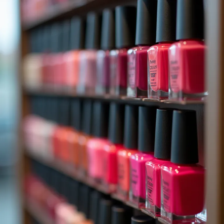 Esmaltes organizados em porta esmalte de parede, mostrando durabilidade.